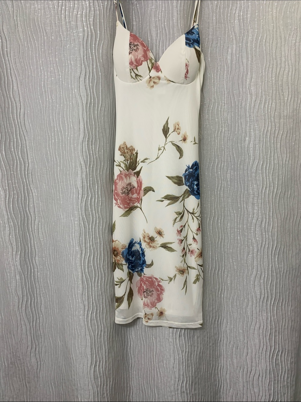 NWT White Floral Slip Dress with Blue and Pink Blooms